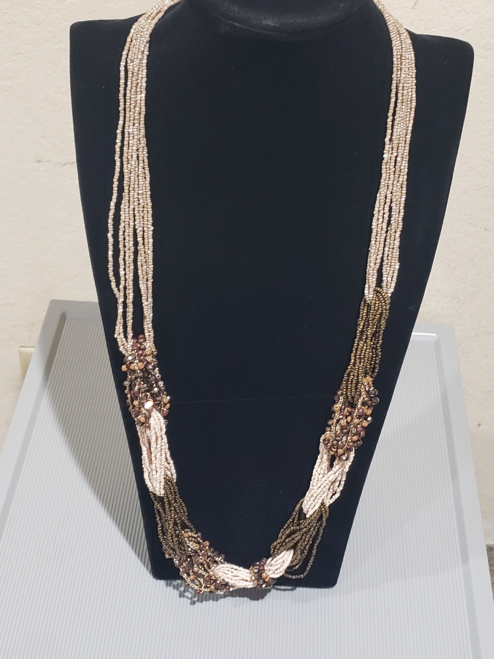 Handcrafted Multi-Strand Beaded Necklace in Cream and Brown